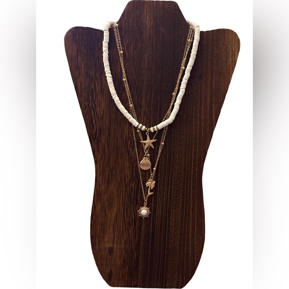 Beach Themed Gold and White Layered Necklace Set